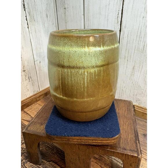 Frankoma Vintage Barrel Mug Tan Cream Green - Picture 2 of 9